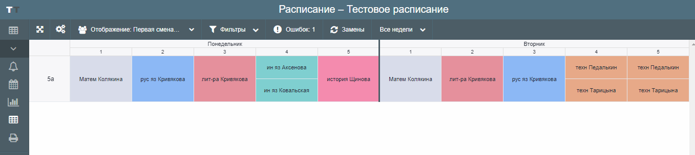 Результат на сетке уроков настраиваемого отображения